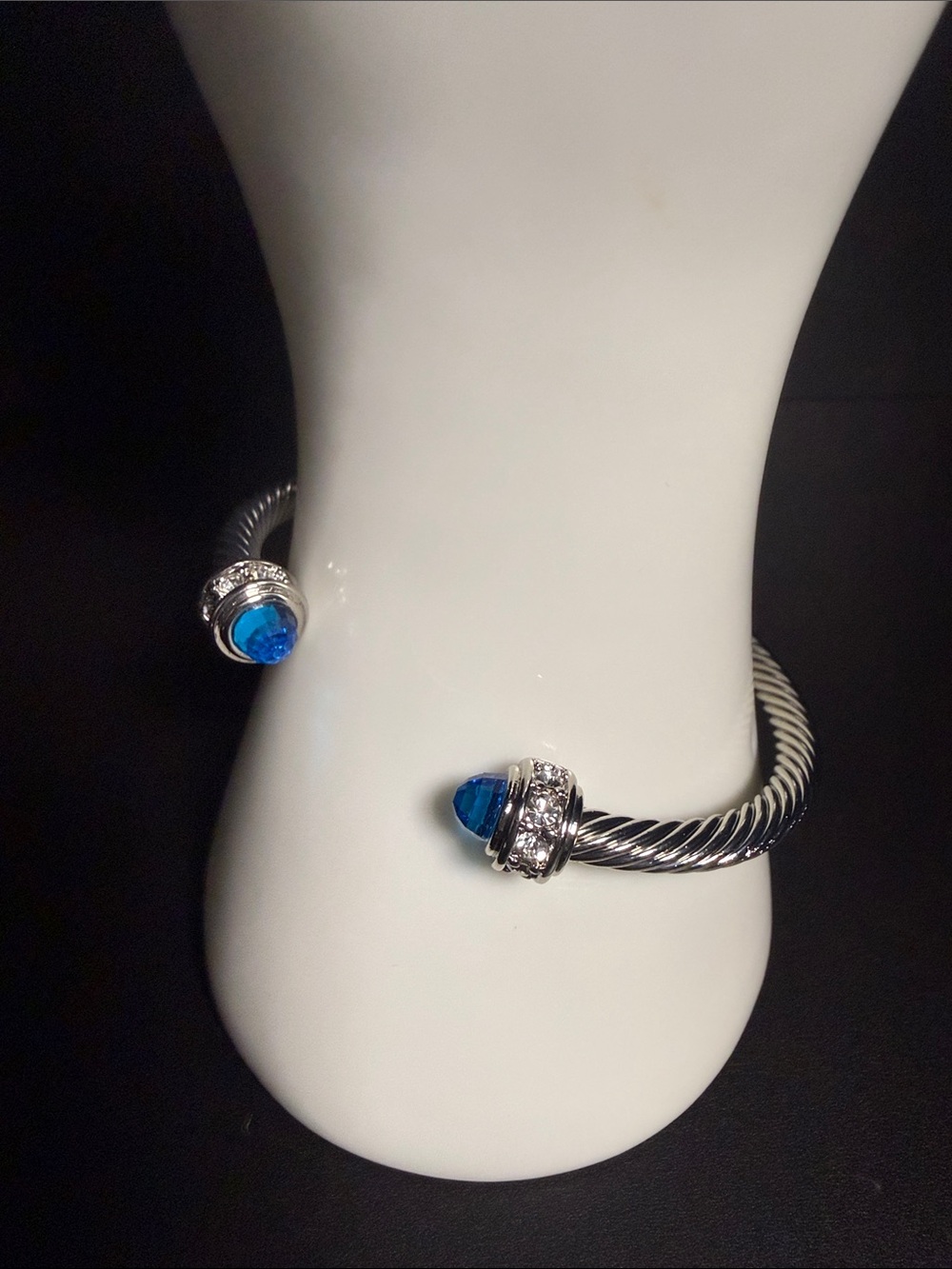 Silver-Tone Twisted Cable Open Cuff Bracelet with Blue Gem Accents